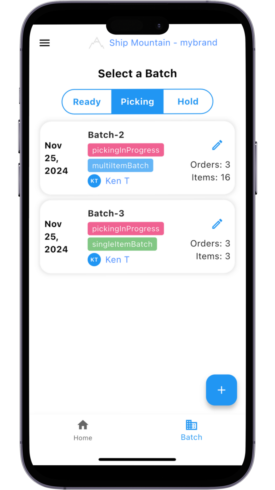 Ship Mountain mobile interface showing single and multi-item batch picking options