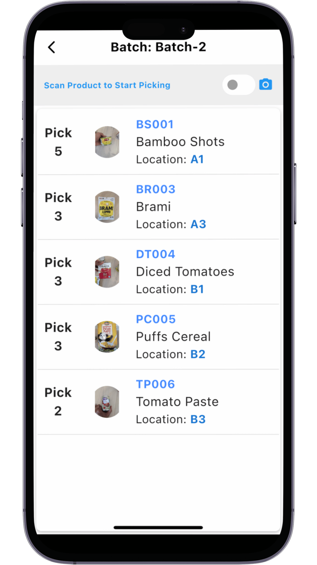 Ship Mountain mobile interface displaying products to be picked across multiple orders